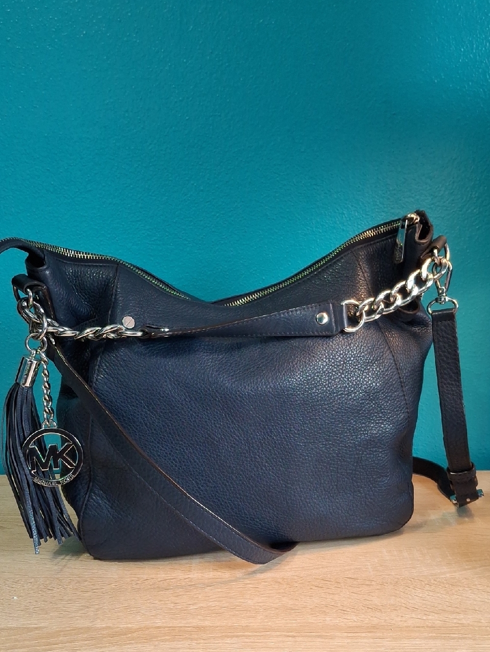 Michael Kors Megan Navy Leather Shoulder/Crossbody Bag with Tassel and MK charms